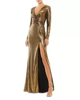 Mac Duggal Асимметричное платье с длинными рукавами и рюшами цвета металлик, золотой