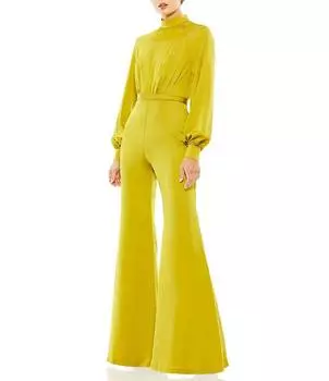 Mac Duggal Атласный комбинезон реглан с длинными рукавами и воротником-стойкой и расклешенными штанинами, желтый