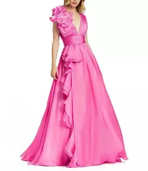 Mac Duggal Бальное платье без рукавов с глубоким V-образным вырезом и оборками на плечах, розовый