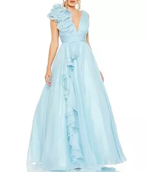 Mac Duggal Бальное платье без рукавов с глубоким V-образным вырезом и оборками на плечах, синий