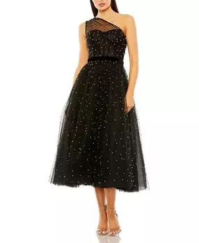 Mac Duggal Бальное платье миди на одно плечо, украшенное жемчугом, черный