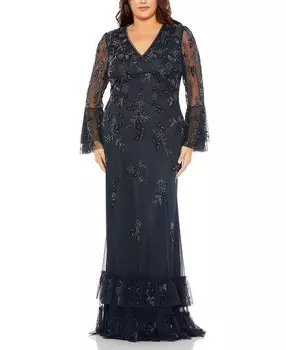 Mac Duggal Многоуровневое платье с длинными рукавами и V-образным вырезом, украшенное флаттерами, синий