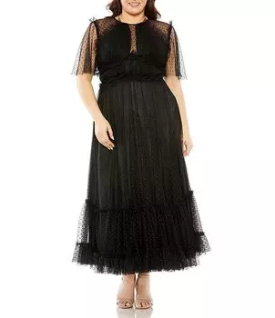 Mac Duggal Платье больших размеров с принтом в горошек и короткими рукавами с иллюзией и круглым вырезом, черный