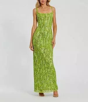 Mac Duggal Платье-колонна с пайетками и бисером, квадратный вырез, без рукавов, с разрезом сзади, зеленый