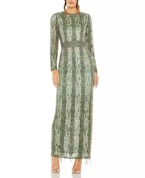 Mac Duggal Платье-колонна с высоким воротником и длинными рукавами, украшенное кристаллами и бахромой, зеленый