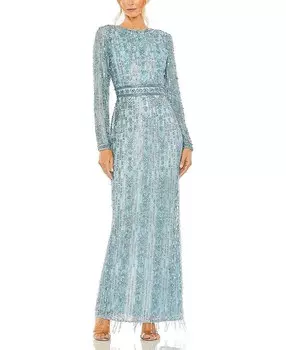 Mac Duggal Платье-колонна с высоким воротником и длинными рукавами, украшенное кристаллами и бахромой, синий