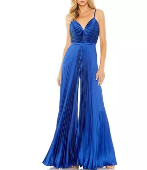 Mac Duggal Плиссированный комбинезон без рукавов с широкими штанинами и глубоким V-образным вырезом на тонких бретелях, синий