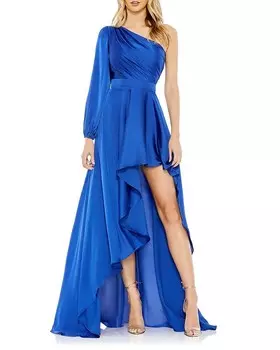 Mac Duggal Струящееся платье на одно плечо с высоким и низким вырезом, синий