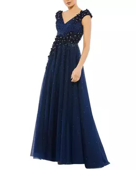 Mac Duggal Вечернее платье трапециевидного силуэта с цветочной аппликацией, синий