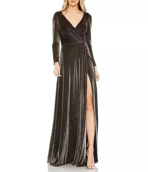 Mac Duggal Замшевое платье цвета металлик с v-образным вырезом, длинными рукавами и высоким разрезом, искусственное платье с запахом, черный
