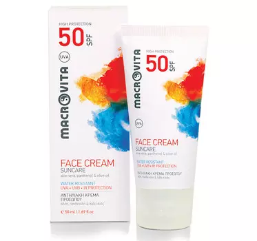 MACROVITA СОЛНЦЕЗАЩИТНЫЙ КРЕМ ДЛЯ ЛИЦА SPF50 (белый) ВОДОНЕПРОНИЦАЕМЫЙ био-алоэ, пантенол и био-оливковое масло 50мл