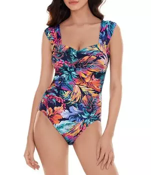 Magicsuit Belize Natalie с тропическим принтом и вырезом в форме сердца, с короткими рукавами, формирующий цельный купальник, цветочный