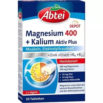 Магний 400 + Калий Актив Плюс — высокая доза, для активных мышц и баланса электролитов — с эффектом депо — протестировано в лабораторных условиях, веганский — 30 таблеток, Abtei