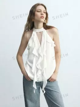 Maija Белая Женская летняя однотонная блузка с лямкой на шее во французском стиле, с вырезом на шее Shein, белый