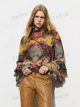 Maija Блузка с цветочным принтом, свободная, винтажная, элегантная, с рукавами-колокольчиками для женщин, можно носить как весной, так и осенью Shein, мультиколор