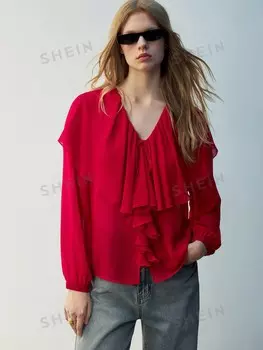 Maija Женская повседневная блузка, V-образный вырез, длинные рукава, рюши Shein, белый