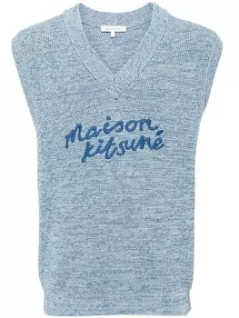 Maison Kitsun топ с V-образным вырезом и вышитым логотипом, синий