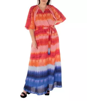 Maison Tara Плюс Размер Короткие пышные рукава с V-образным вырезом и завязкой на талии Платье макси с принтом, мультиколор