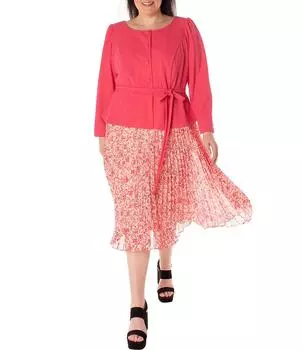 Maison Tara Плюс Размер Плиссированная юбка с длинными рукавами и завязками на талии с цветочным принтом, розовый