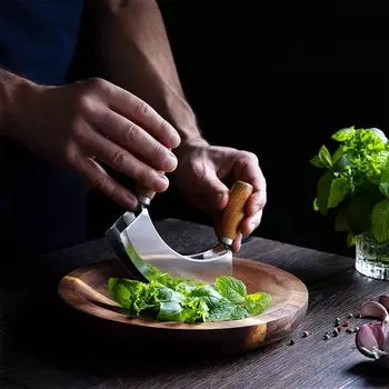 MAJA DESIGN Нож для трав, гибочный нож, нож для взвешивания, нож для специй из нержавеющей стали, 13,5 см, 2-лезвийный, с разделочной доской 20 см, идеально подходит для трав и специй, серебро