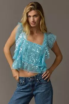 Майка Anthropologie с рюшами и пайетками, светло-голубой