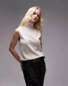 Майка без рукавов с высоким воротом светло-бежевого цвета Mango