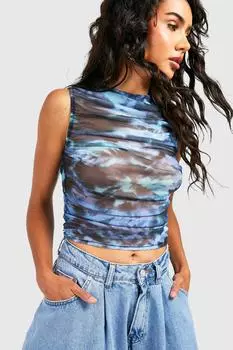 Майка без рукавов tie dye мраморная со сборками Boohoo, синий