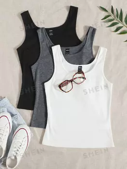 Майка больших размеров EZwear, ребристая вязка, 3 шт Shein, мультиколор