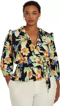 Майка больших размеров с цветочным принтом и баской с поясом LAUREN Ralph Lauren, цвет Navy Multi