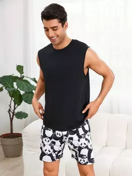 Майка и шорты с принтом панды, черный