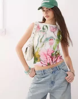 Майка из джерси Reclaimed Vintage с принтом в виде тюльпанов и отделкой белого цвета