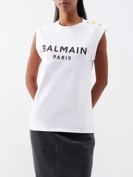 Майка из хлопкового джерси с логотипом и пуговицами на плечах Balmain, белый