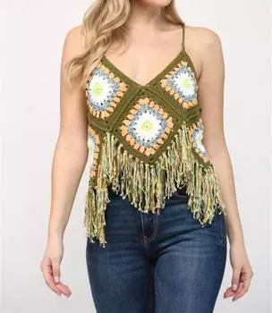 Майка крючком с заостренной бахромой по нижнему краю в оливковом цвете Multi FATE