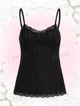 Майка кружевная женская Romwe Kawaii с принтом клубники и бантом, черный