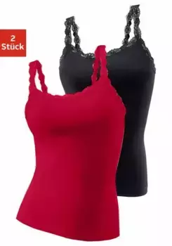 Майка LASCANA (2 шт. в упаковке, 2 шт.), из эластичного хлопка с нежным кружевом, верх на бретелях-спагетти, красный