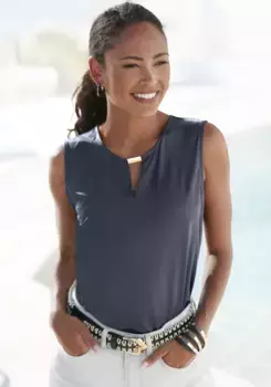 Майка LASCANA, изготовленная из гладкого трикотажа, с вырезом спереди, элегантный летний топ, синий