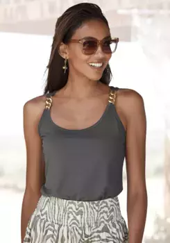 Майка LASCANA с цепочками на бретелях, обтягивающий трикотажный топ, хаки