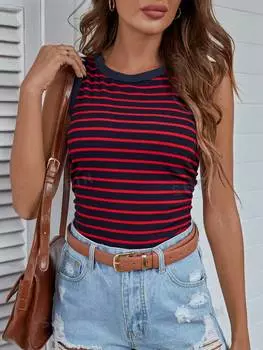 Майка плиссированная женская Shein Lune с круглым вырезом, темно-синий