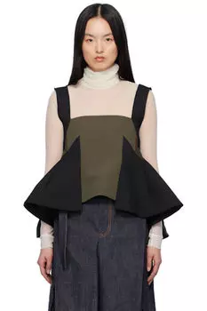 Майка-пуловер из смеси саржи Matelasse и хаки с черными вставками sacai