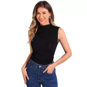 Майка с рюшами для женских повседневных приталенных рубашек без рукавов с воротником-стойкой ALLEGRA K, черный