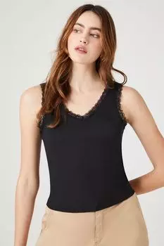 Майка с V-образным вырезом и кружевной отделкой Forever 21, черный