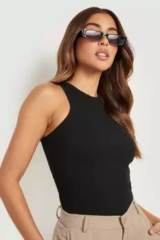 Майка с вырезным вырезом rib racer Boohoo, черный