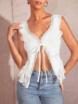 Майка Shein Bae с кружевной отделкой и завязкой спереди, белый