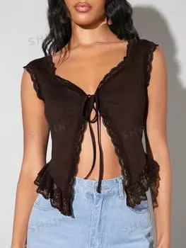 Майка Shein Bae с кружевной отделкой, кофейный