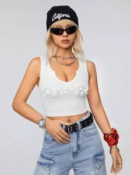 Майка SHEIN Coolane, буквенный принт, декор стразами, укороченный вырез горловины, белый цвет