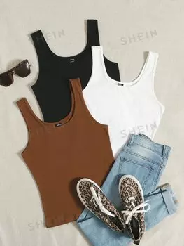 Майка Shein Ezwear, черный / коричневый / белый