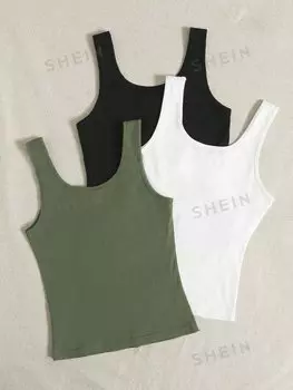 Майка Shein Ezwear, черный / зеленый / белый