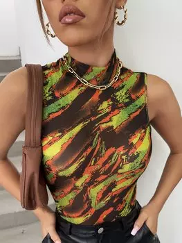 Майка SHEIN ICON с принтом и высоким воротником, желтый