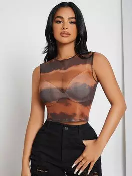 Майка SHEIN SXY, тай-дай, полупрозрачная сетка без бюстгальтера, многоцветный