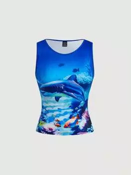 Майка SHEINNeu для развлечения в подводном мире с принтом акул, многоцветный